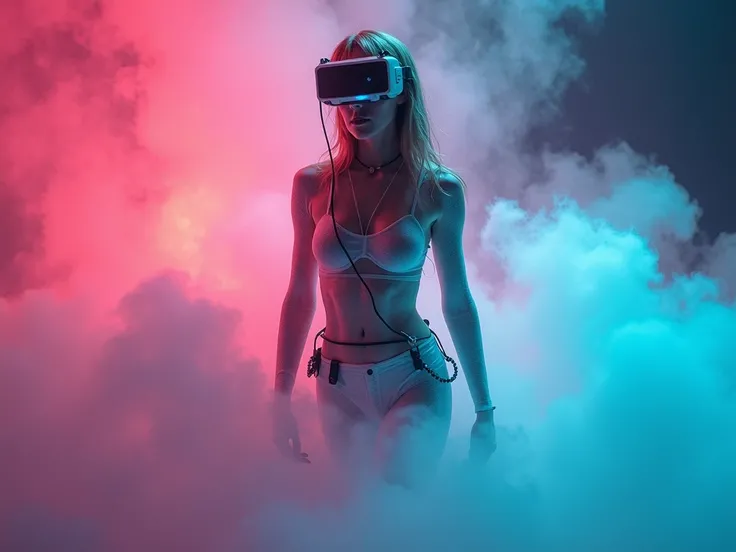 photoillustration of massive psychedelic color mysterious fog wrapped and covering a sexy steampunk girls body, luminescent transparent clear bodysuit, iconic model_walking stance, provocative seductive expression, advance cybernetic head gear, waist gear_...