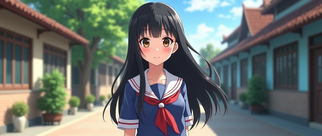 School girl ,Thailand,Wear a school uniform,Long black hair, Round eyes , White skin,Anime,