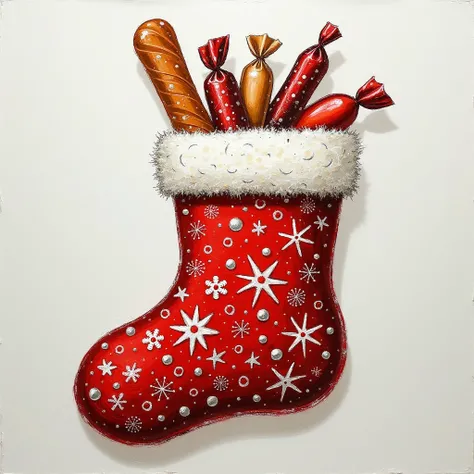 a scratch oil painting of a Christmas sock with a pattern on it. Pattern consists of stars, thick lines, circles, symmetrical shapes. The sock contains a caramel Christmas stick, a candy bar, wrapped candies.  
