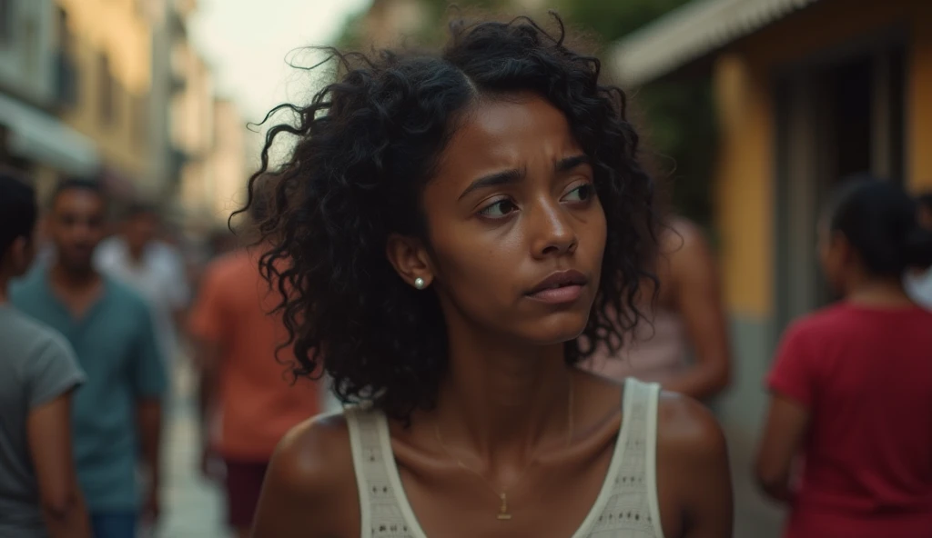 Júlia, dark BLACK skin, Brazilian, 20 years old, brown eyes, curly black hair, casual clothing, no adornments., soaked and humiliated, walks away through a crowded city street, her face filled with tears and pain as people glance at her indifferently. At h...