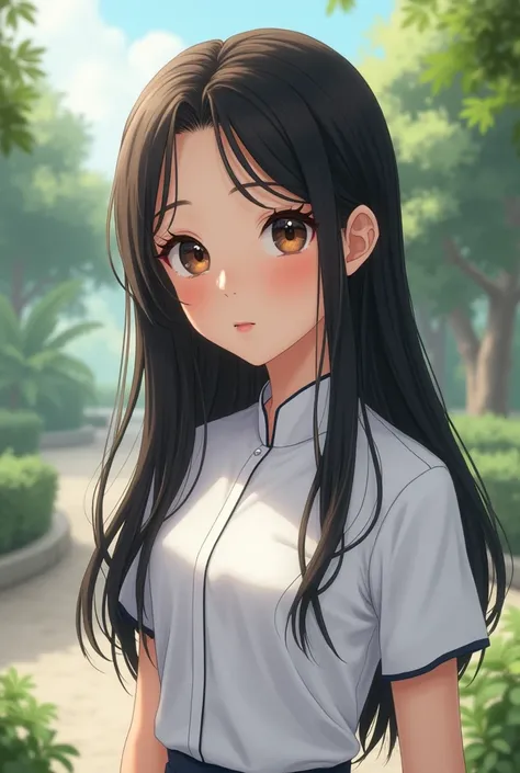 School girl ,Thailand,Wear a Thai school uniform,White school uniform,Long black hair, Round eyes , White skin,Anime,