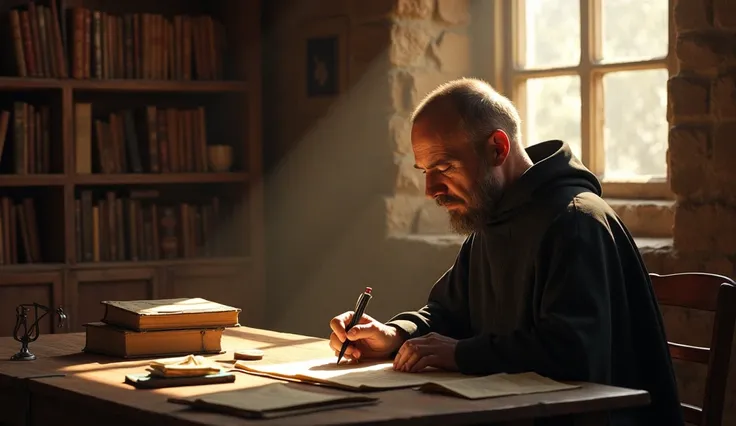 Create a scene of a catholic Saint Thomas Aquinas monk in his study writing the “Suma Teológica,” surrounded by books and scrolls, his face focused and illuminated by the morning light coming through a narrow window.