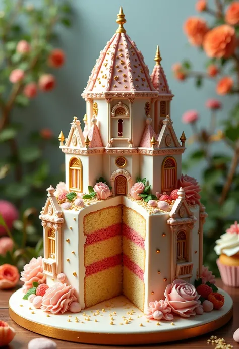 A hyper-realistic image of a magnificent building crafted entirely from cake, showcasing intricate architectural details like windows, balconies, and a textured exterior that resembles frosting and fondant. A sizable slice has been taken out, revealing lay...