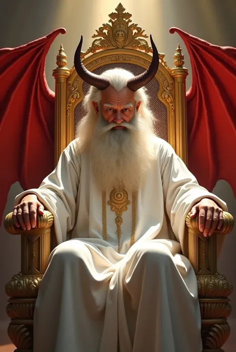 create for me an image of an old man of about 70 years old with a large, white beard, representing God sitting on a large, golden, king-like chair, he with white robes and in front of him the image of a being with human appearance but with red wings and wi...