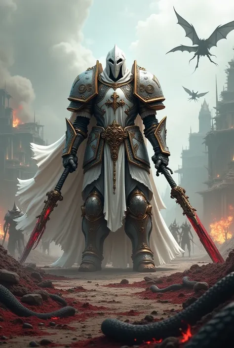 Lets create a Warhammer-style avatar 40k ,  a layered armor in white and black with the metals copper and damask steel,  in the background a war between several soldiers and demons ,  Make the scenario more brutal and bloody , Increase perspective ,  incre...