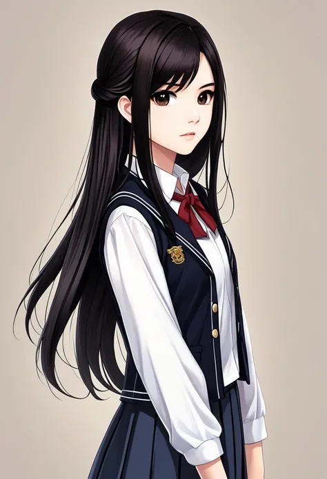 A young adult girl in a school uniform with long, sleek black hair, a middle-part hairstyle, and dark brown eyes. Use Katie Leung as inspiration.