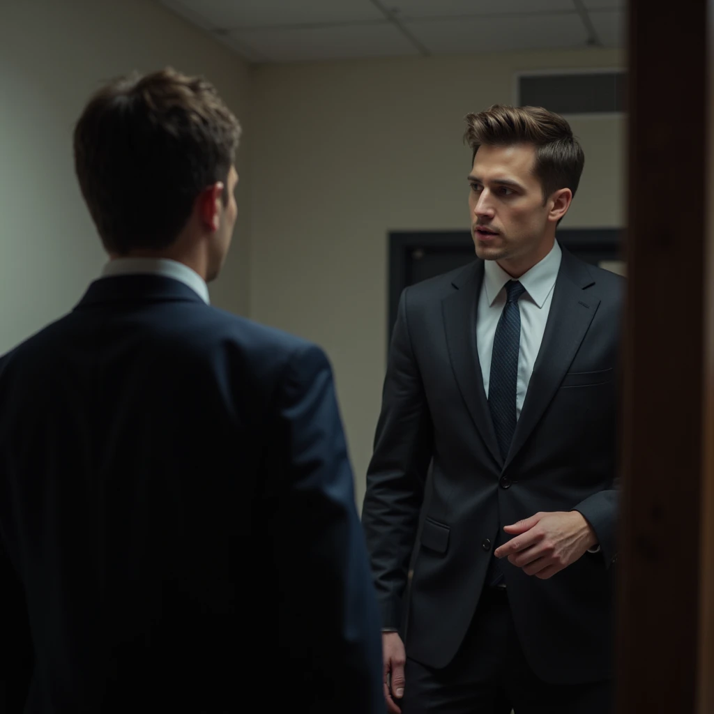 a 35yo handsome male lawyer in an expensive business suit talks alone with his male client in an interrogation room at the police station.