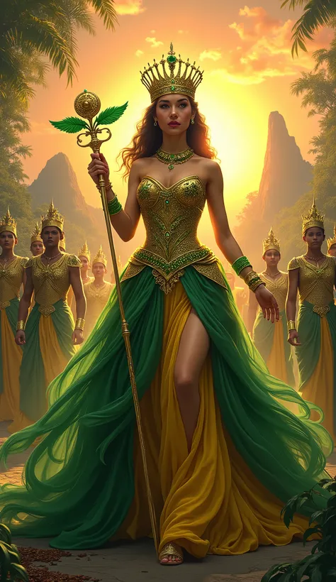  Imagine a queen representing Brazil , radiant and full of grace .  Her crown is inspired by the natural wealth of the country , with gold details , emeralds,  and green and yellow gemstones that symbolize the colors of the Brazilian flag. her dress is lon...