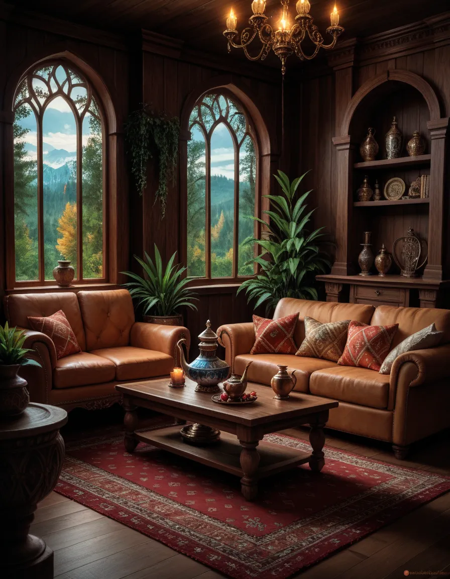 close-up of the living room with sofa and table , ((there is a hookah on the floor)),  relaxing setting ,  the magical atmospher...