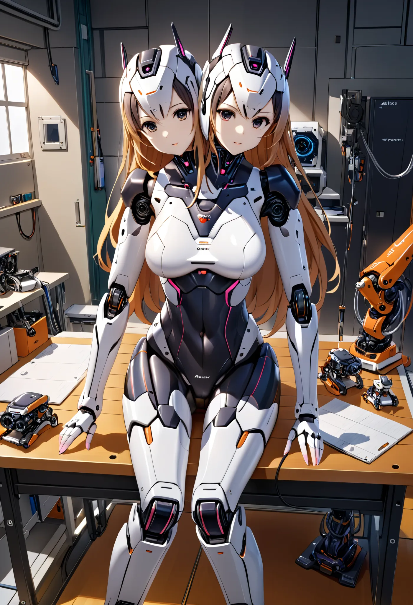 anime, masterpiece, best quality, absurdres, two heads, 1girl, robot skin, android, sitting on a workshop desk, robotics lab