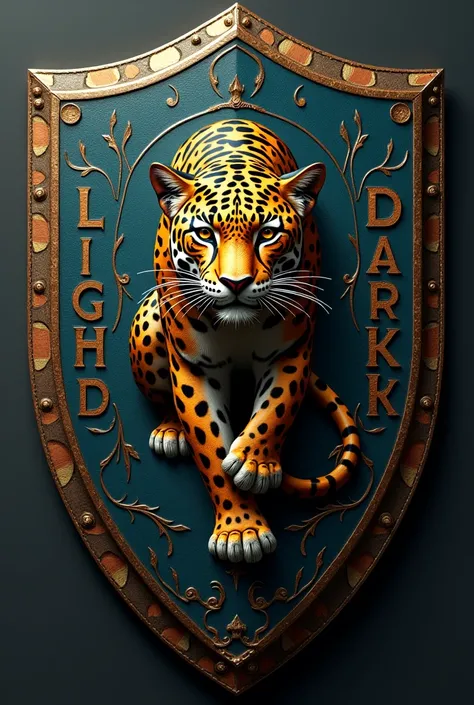 A shield with a jaguar in the middle with the words light and dark on the sides