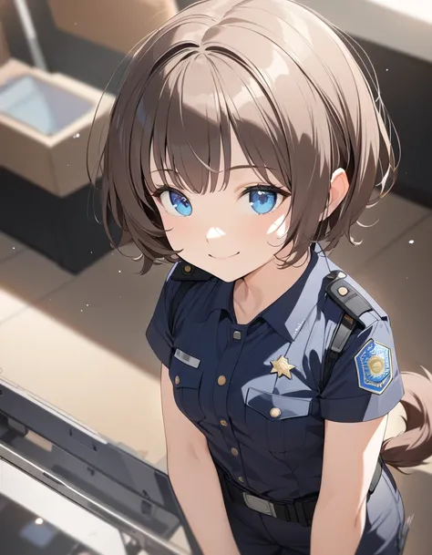 1girl, Best Quality, Very detailed,Ultra-high resolution, cowboy shot, soft focus, (smile, Kind eyes, blue eyes), small breasts, slender, {dark brown hair, Short Hair, waved hare}, ((short twin tail:1.2)), ((low twin tail:1.2)), police officer uniform, pan...