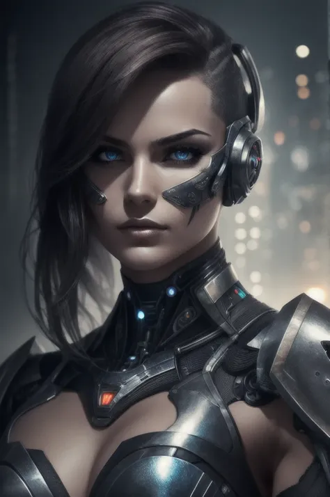 a beautiful woman cyborg warrior in the Style-RustMagic, cyberpunk rise, Cyberware, cyborg, Carbon fiber, chrome, Implants, metal skull, cybernetic plate armor , (clear atmosphere:1.2), (Fog & ), ( illuminated night :1.3), scars, (  LONG LENGTH DARK UNKEMP...