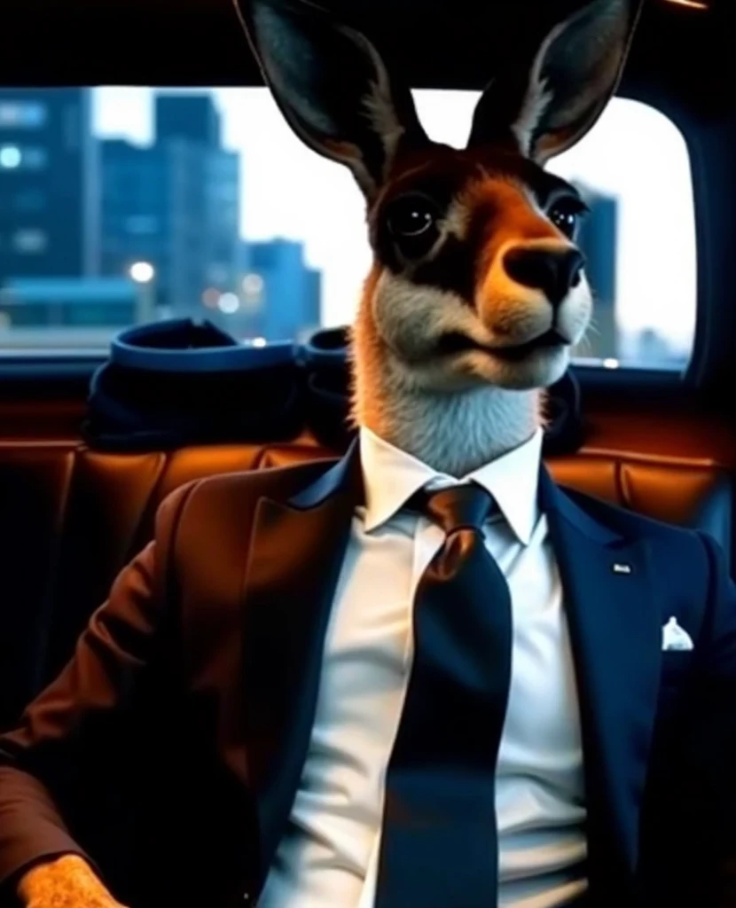 Create a sleek and stylish realistic a kangaroo with human-like features, seated in the backseat of a luxurious limousine. The kangaroo is dressed in an impeccably tailored black suit with a crisp white shirt and a black tie, exuding sophistication and cha...