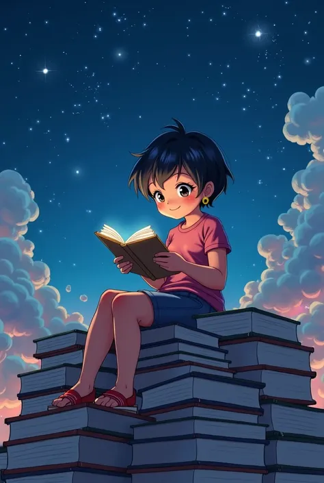  a chubby woman with short Pixie-style hair, black color,  sitting on a huge mountain of books ,  reading a book, looking happy ,  beautiful and with a rebellious personality ,  under a starry sky . High resolution, smile, blush,  short hair,  black hair ,...