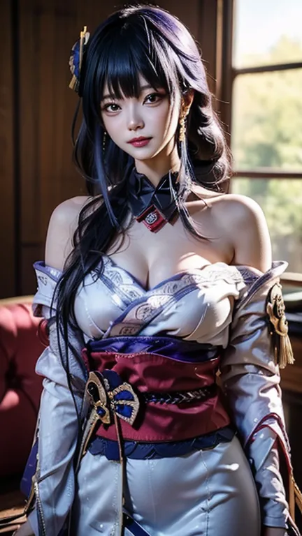 a beautiful teenage girl wearing Raiden Shoguns dress, alone, standing in living room, shes rich girl, expensive necklace, elegant earrings, elegant, shes so cool, jealous face, shes cute and gorgeous, little smile, Sweet smile, her body is slim, chubby ch...