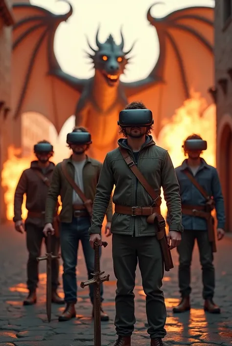 A Photo taken from distance of Four nerd guys wearing VR glasses, full body, they stand in a medieval town and they have rusty swords in their hands, behind them in the background there is a big fire spitting dragon, very realistic, photorealistic, ultra q...