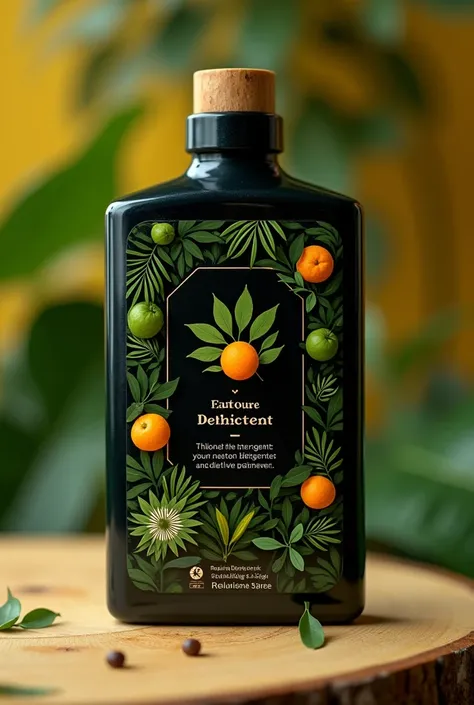  Create a rectangular label with a black background , In the middle it has a logo of tangerine and lime leaves that says natural fresh, On the right have the instructions for the natural detergent and have something colorful like yellow green but only that...