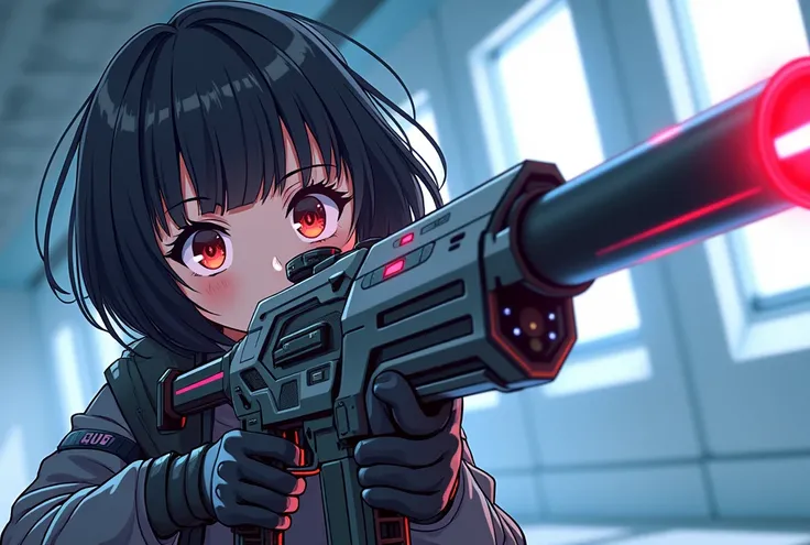 Its V-tuber style, 、A boyish girl with dark hair and a short bob trying to shoot a sniper railgun