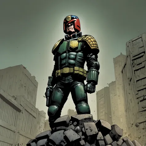 judge dredd, 2000AD style, by Garth Ennis, dark fantasy, grimdark, depressed, suicidal, standing on a precipice