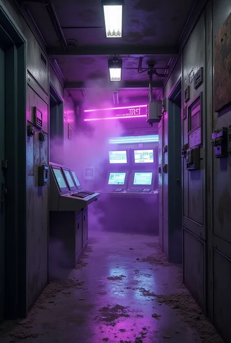 a sci fi corridor with a control panel room filled with old dusty flat screen computers with dim lit purple lights and steam 