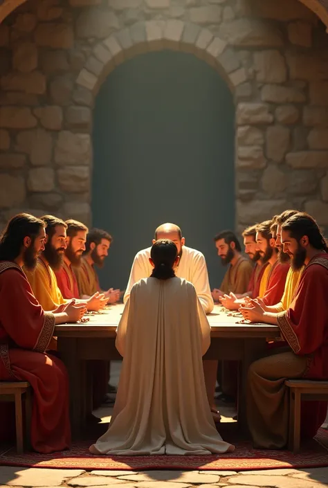 Crear un hombre, white, short dark brown hair , and beard ,  dressed in white biblical times-style robes,  sitting on a chair at the back of a long table,  praying with her face down ,  accompanied by twelve men ,  colored tunic dresses biblical times styl...