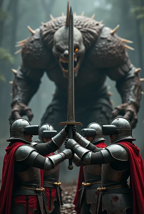  4 male friends are each wearing VR glasses and a knights armor , as well as different swords or axes .  They are engaged in combat with a monster and are just about to strike.  Blood can be seen on the blades and the monster . 