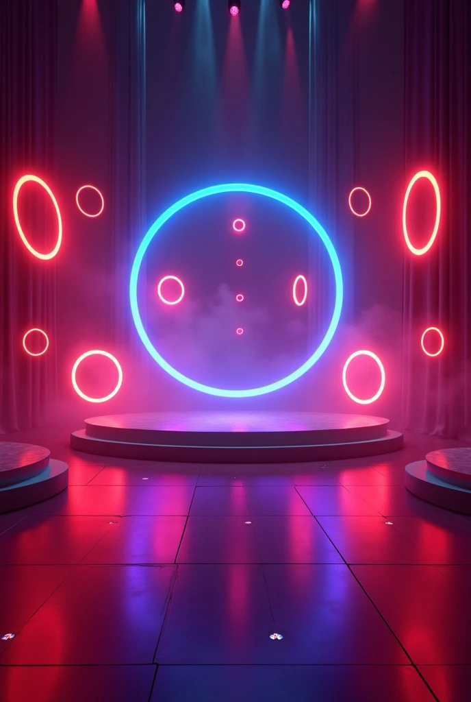 A stage illuminated with colored circles