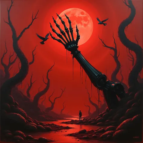 giger , biotech , painting of a red painting of a hand holding a bird, praise the blood moon, inspired by Arkhip Kuindzhi, my blood is boiling, blood red moon, about to consume you, blood moon tentacles!!, blood temple, during a blood moon, masterful compo...