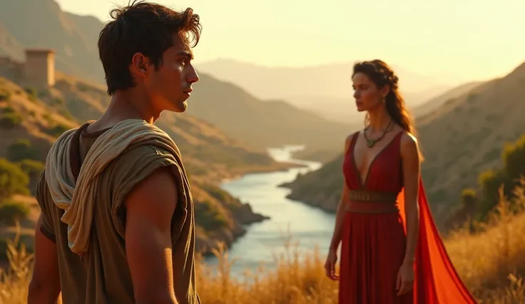 Paris, a young handsome shepherd of 20 , looking at godess Athena in red dress, ancient greek valley background, cinematic HD, realistic.