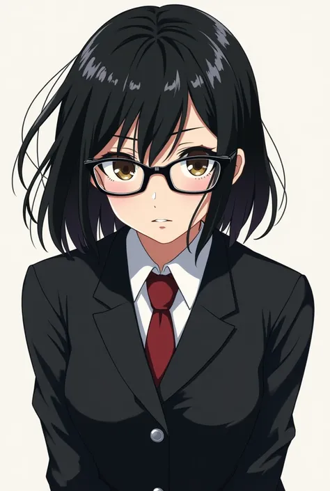 In the same style, a black-haired Japanese girl wearing glasses with sharp features wears black high school clothes in an anime style 