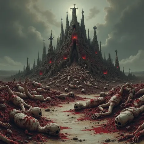  Make an image that I can use as a cover for my Brutal Death band,  make it similar to album covers of bands like Cryptopsy , Cannibal Suffocation , mortician, in a large space with s and human remains, Not in caves.
