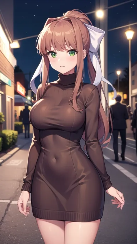 ddlcmonika, ddlcmonika, blunt bangs, brown hair, green eyes, long hair, ponytail, ribbon, white ribbon, hair ribbon, large breasts, sweater dress, long sleeves, turtleneck, outdoors, street, standing, cowboy shot, night