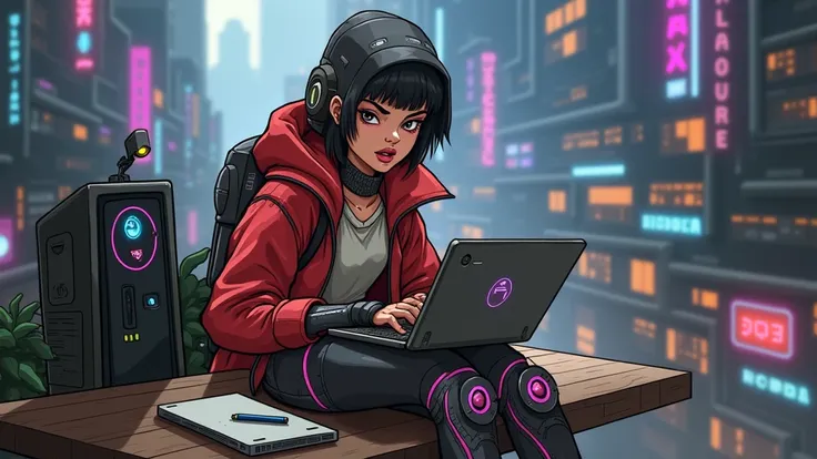 cyberpunk hacker cartoon style, sitting with the notebook on her lap 