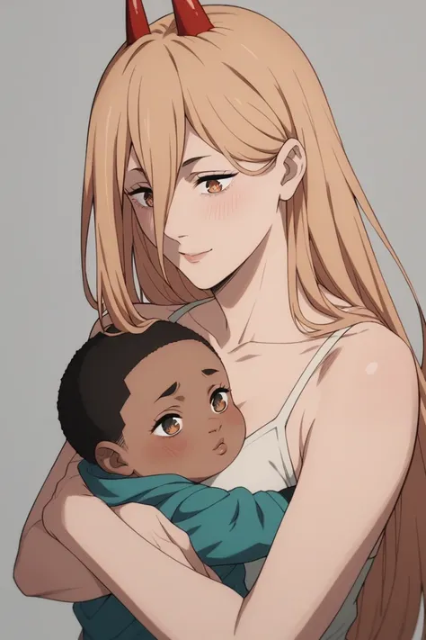  source_anime, BREAK, 1girl, solo, p0w3r0x1, power, long hair, blonde hair, red horns,demon pupils, blushing, medium breasts,   mother and baby, small girl,hugging up, baby, (((african baby))), interracial baby,