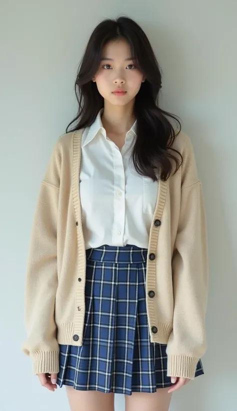 Beautiful Japanese nogizaka female, looks like famous model, school uniform, beige cardigan with button-up, collared-shirt, open button shirt, long sleeves, blue plaid pattern pleated skirt, mini skirt,(gigantic breasts), 