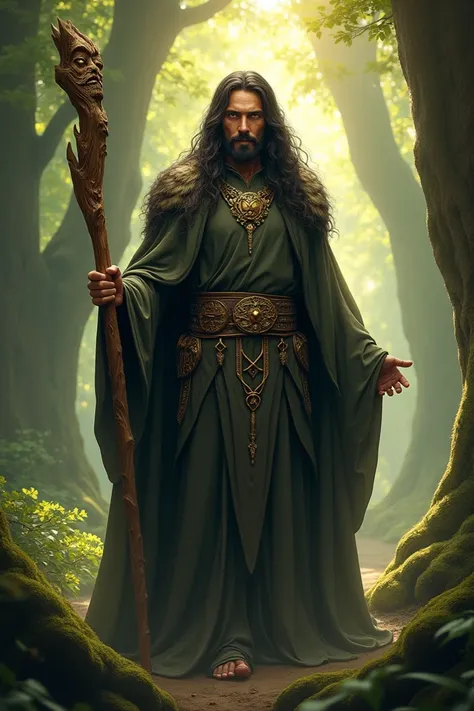 Create a golden-eyed, raven-haired druid with a calm and decisive look, holding a carved wooden stick in his hand. 