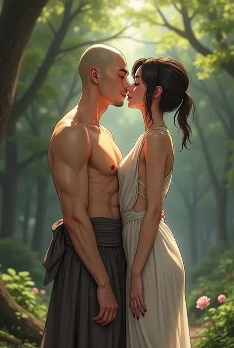   full body image ,  oral sex , In the forest , Bald Priest with Goddess , The bald priest of Shaolin Temple, a handsome young man at 17, athletic figure, has a tight muscle zip-pack, A naked priest is not wearing a shirt,   and shiny white leggings ,  lip...