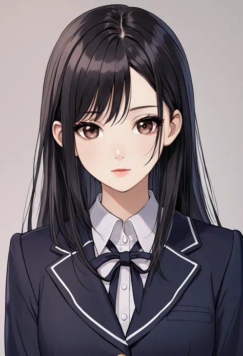 A young adult girl in a school uniform with long, sleek black hair, a middle-part hairstyle, and dark brown eyes. Use Maria Zhang as inspiration.