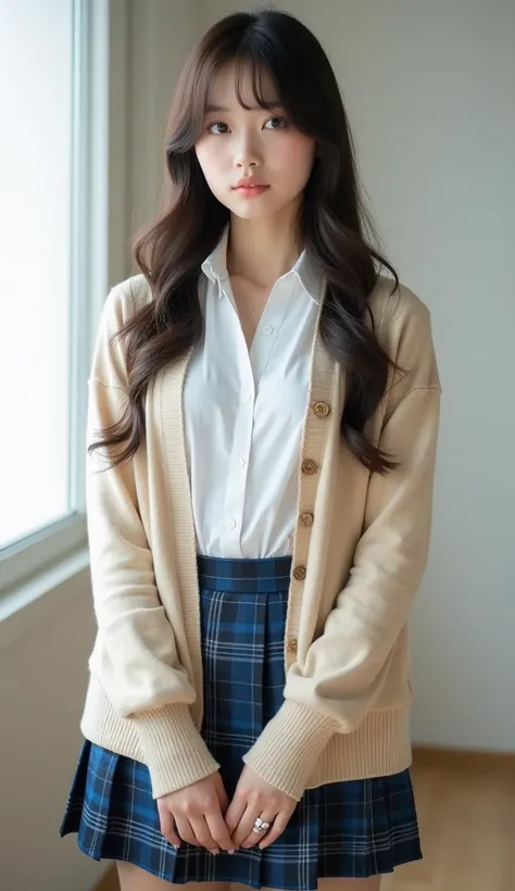 Beautiful Japanese nogizaka female, looks like famous model, school uniform, beige cardigan with button-up, collared-shirt, open button shirt, long sleeves, blue plaid pattern pleated skirt, mini skirt,(gigantic breasts), cleavage, 