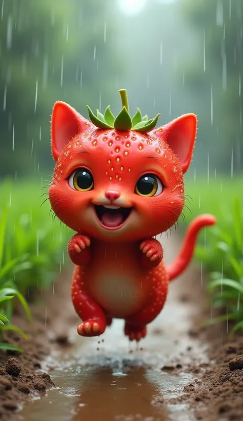 "Design a playful strawberry-cat creature with a plump, strawberry-shaped body, bright, curious eyes, and small leafy ears resembling strawberry leaves. Its fur has tiny dotted patterns like strawberry seeds. The creature is joyfully playing in the rain al...