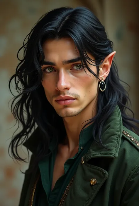 young man, 30 years old, long black hair, slightly tanned fair skin ,  dark green slightly cat-shaped eyes ,  edged chin with dimple ,  Beautifully shaped mouth , ,  dark long eyelashes , slim,  muscular, gross,  slim waist ,  wide shoulders , elf,  beauti...