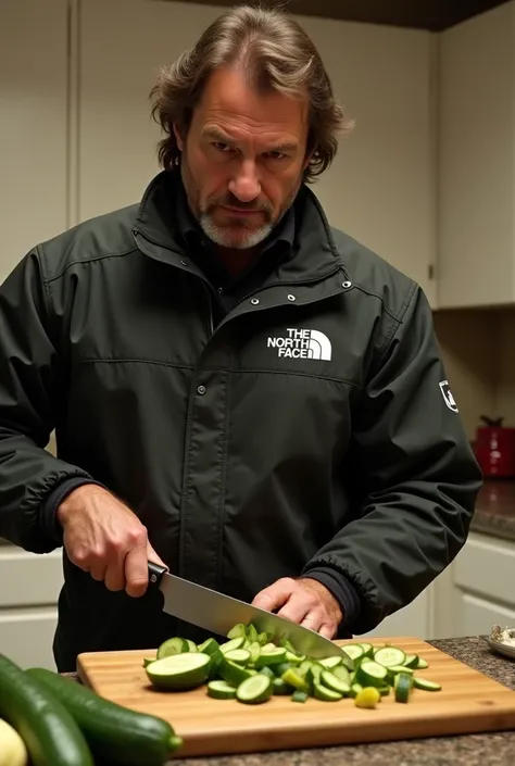 Chuck Norris cutting cucumbers for a salad while wearing a North Face jacket