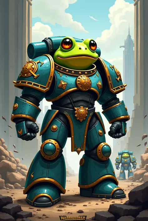 An image of a cartoon pepe as a 40k Warhammer space marine in his armor.