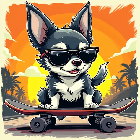  cartoon、Black Line、Chihuahua 、  skateboard  、   sunglasses、   American style promotional poster  ,    character design, Mannerism, 