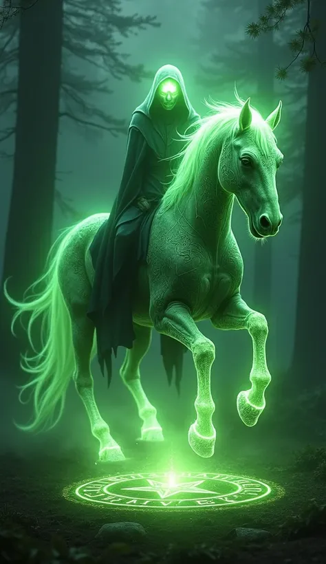  ultra realistic image A magical and frightening creature that combines elements of a ghostly horse and a dark wizard.  The creatures body is equine ,  but its form is shrouded in a brilliant supernatural aura of green light ,  with intricate details that ...