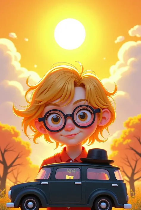 That you have blond hair and also that you have glasses and that you have a Sun and a black van with a hat that is animated 