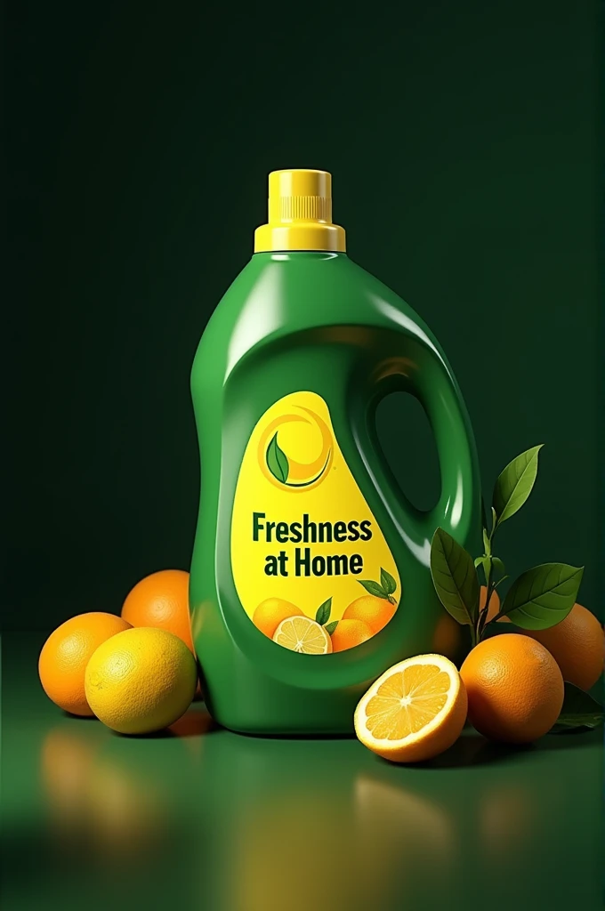 Create an image where it has a black background with yellow green  ,  your logo is something that represents a natural citrus-based detergent and has a colorful design,  as well as the name of the product in the middle  "Freshness at home "