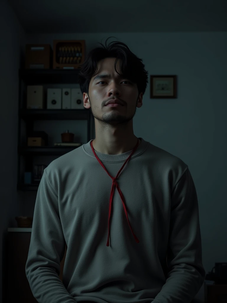 man in a dark room wearing a cold blouse , With the sad expression and with a red ribbon in the shape of an X without being able to say a realistic image. wearing a cold sweater in your gamer room