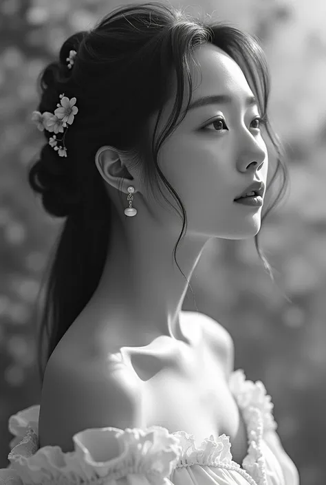 A black and white work with a soft and ethereal artistic tone. The contrast between shadows and lights highlights the delicate features of the Korean woman. The young woman has a contemplative gaze directed towards the horizon. Her face, with soft and harm...